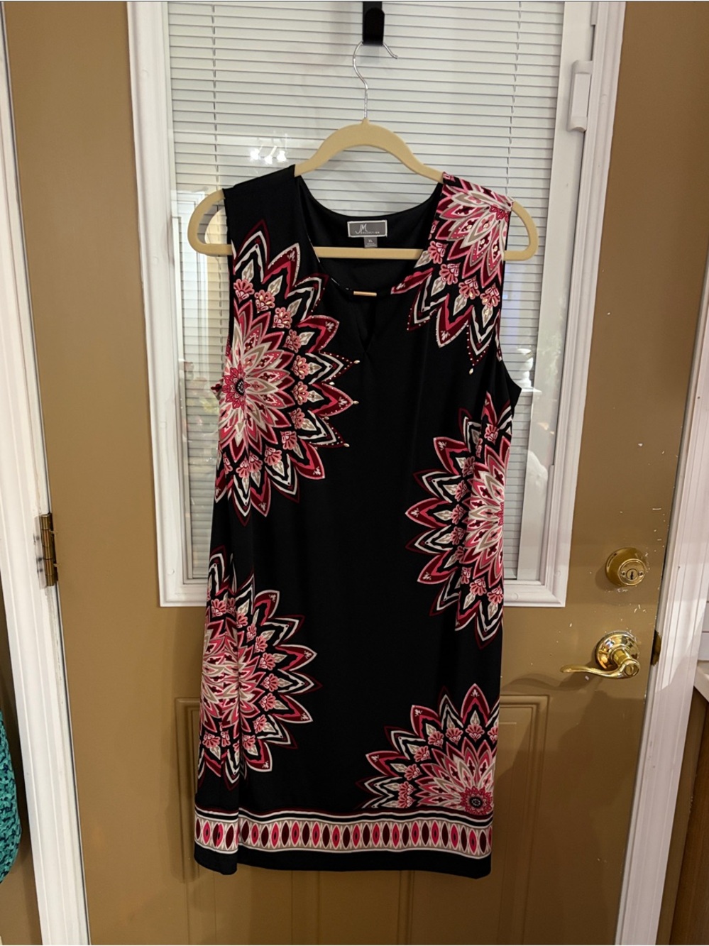 JM Collection Black Dress with Pink Floral Medallions